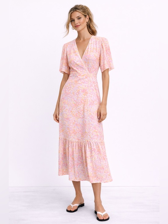 Laroque Dresses & Skirts - LaRoque Floral Wrap Midi Dress Pink Yellow Cottagecore Preppy Feminine Small